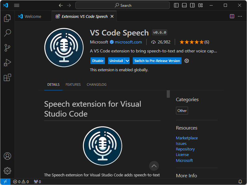 「VS Code Speech」拡張機能をインストール