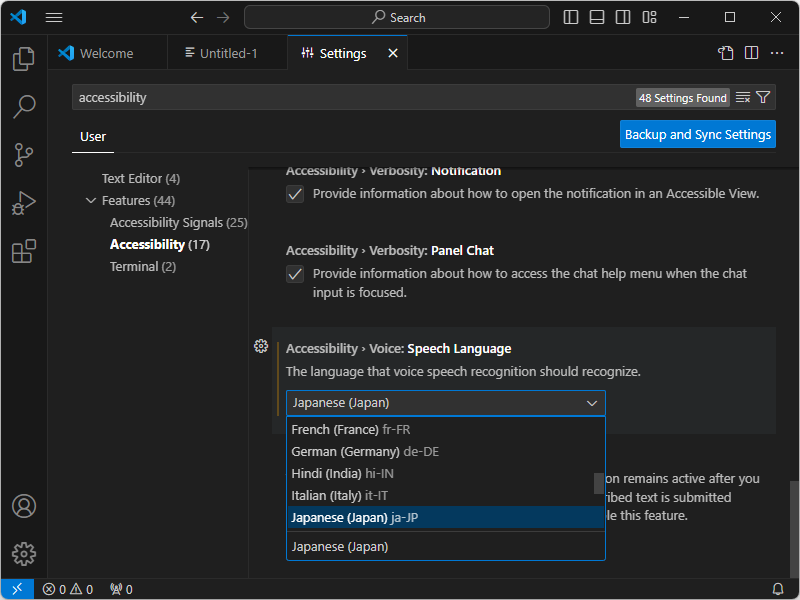 設定画面でオプション（accessibility.voice.speechLanguage）を変更