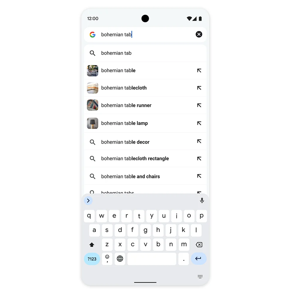Androidの検索サジェストに"bohemian tab(le) "に関するショッピングのカテゴリや参考画像が表示されている