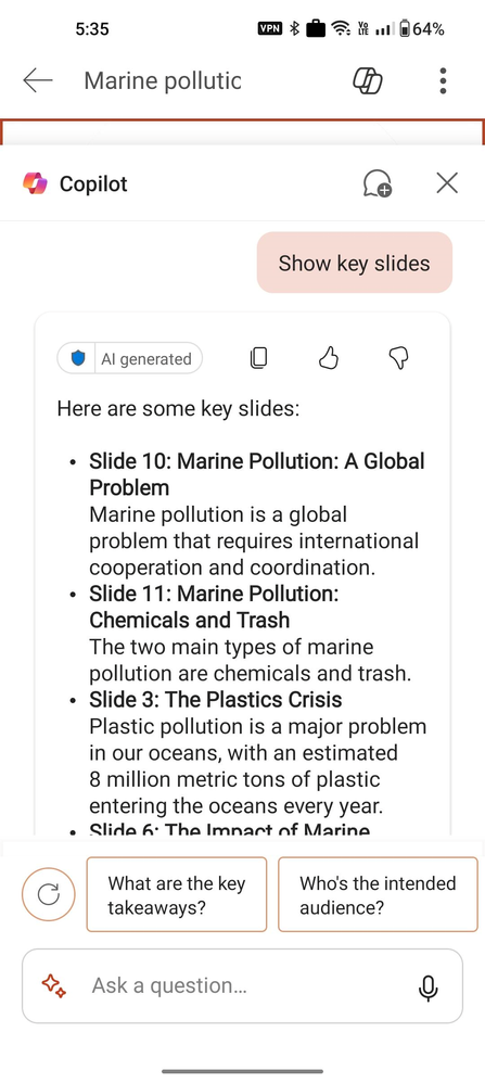 モバイル版PowerPointでCopilot プロンプトに基づいてプレゼンテーションの主要なスライドを表示する