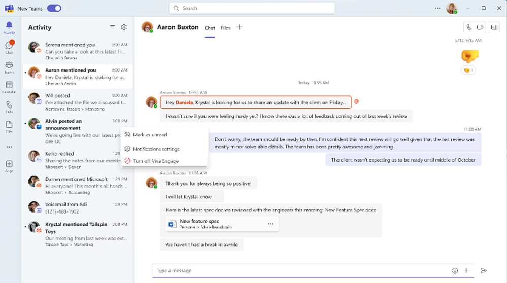 アクティビティ フィードでサウンドや表示などの通知設定を行える