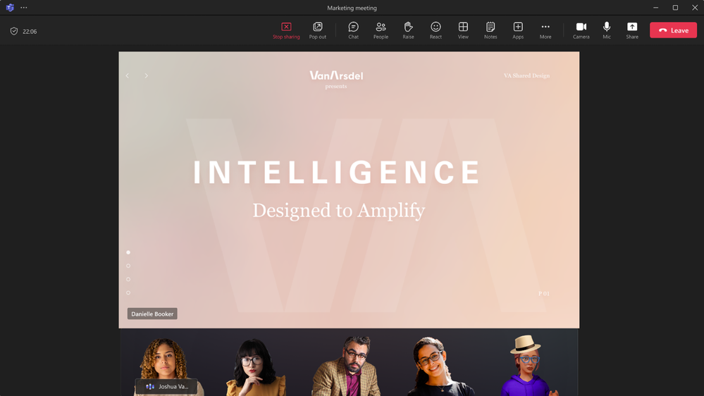 「Together モード」の新しいレイアウトでは、会議の参加者をコンテンツの下に表示できるように