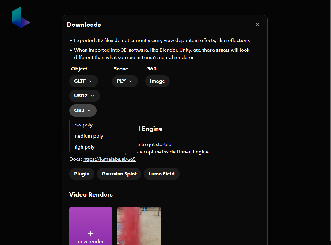 ダウンロードページ。モデル（Object）とシーン（Scene）、360°画像（360）が利用可能