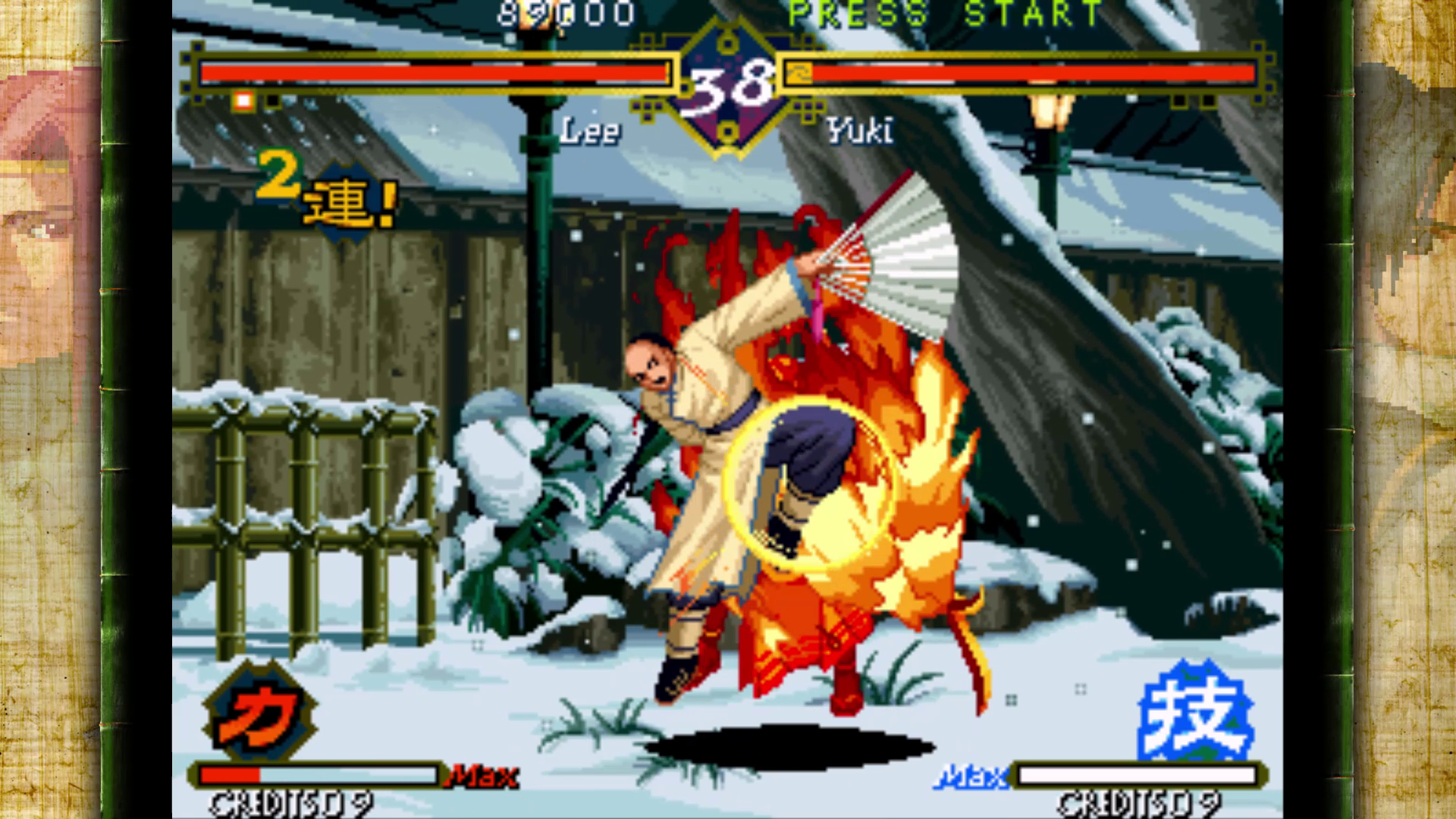 筆者のお気に入りキャラの李は、炎を使う攻撃が美しい。コマンドも割と簡単な方