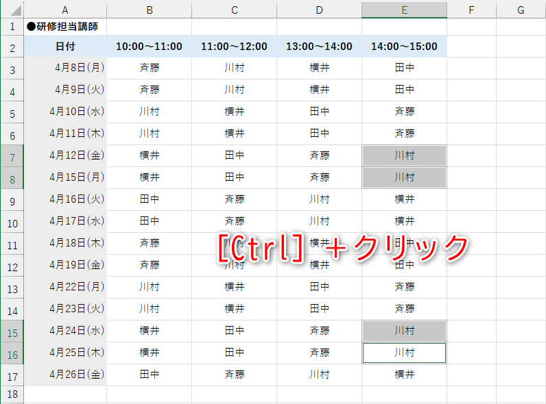 まとめて修正するセルを選択しておく。［Ctrl］キーを押しながらクリックすれば、離れた位置にあるセルを選択可能だ