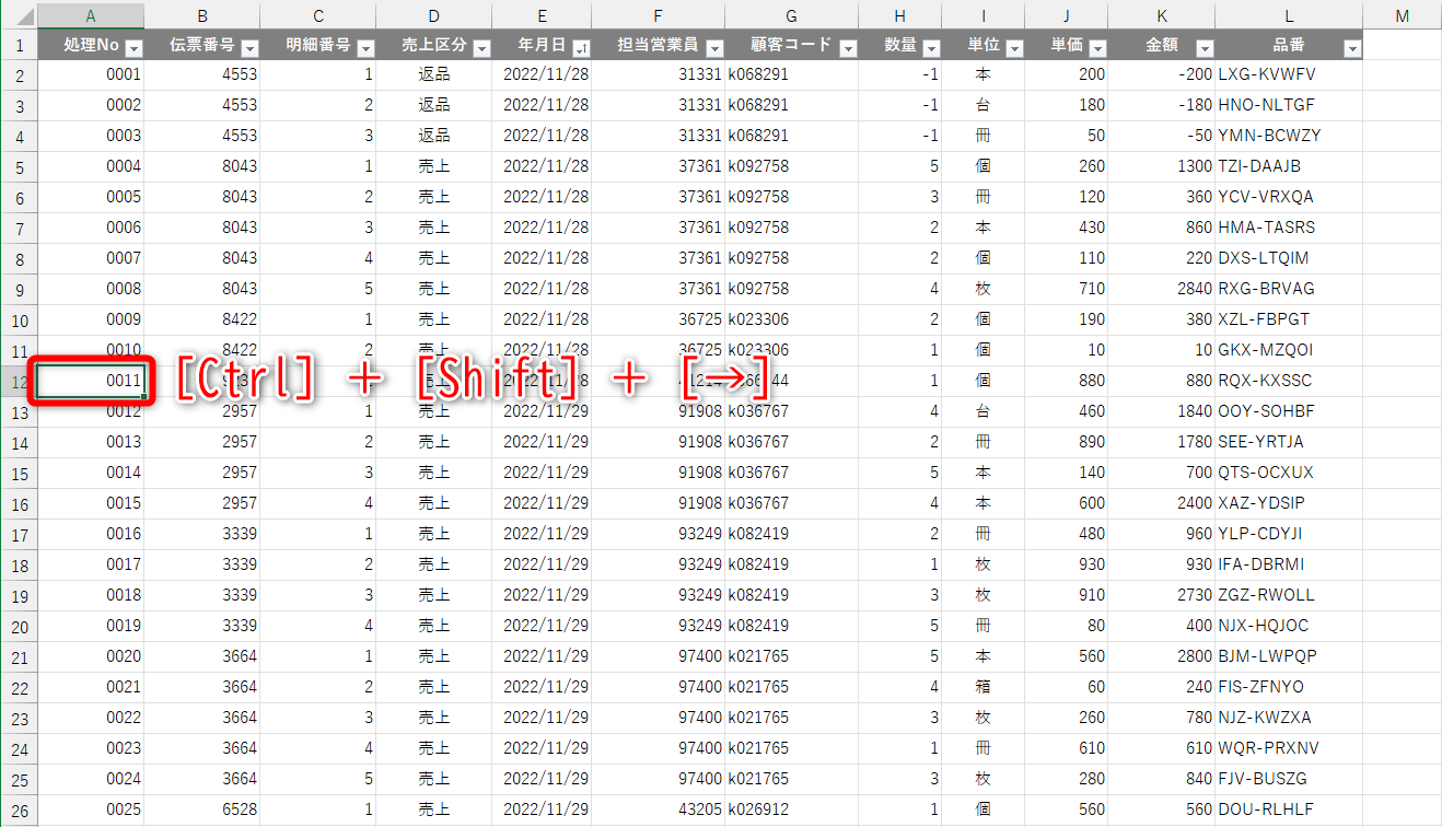 12行目以降を削除する。［Ctrl］＋［Shift］＋［→］キーを押す