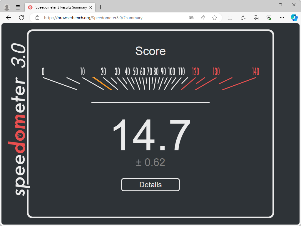 「Speedometer 3.0」を最新安定版「Microsoft Edge」でテストした様子