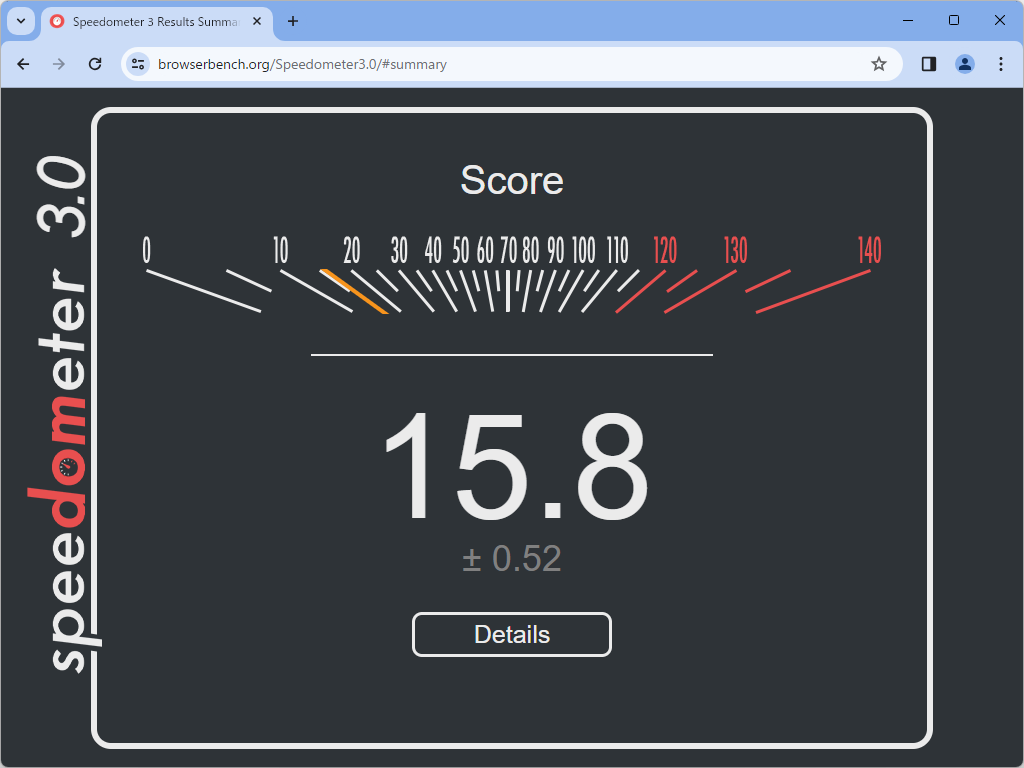 「Speedometer 3.0」を最新安定版「Google Chrome」でテストした様子