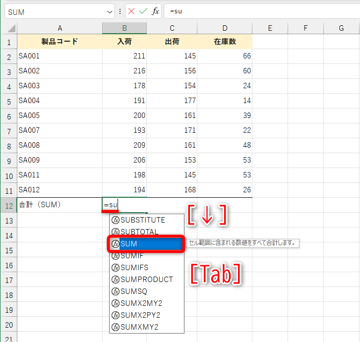 「=su」と入力すると、関数の候補がリストで表示される。［↓］キーを押して［SUM］を選択して［Tab］キーを押す