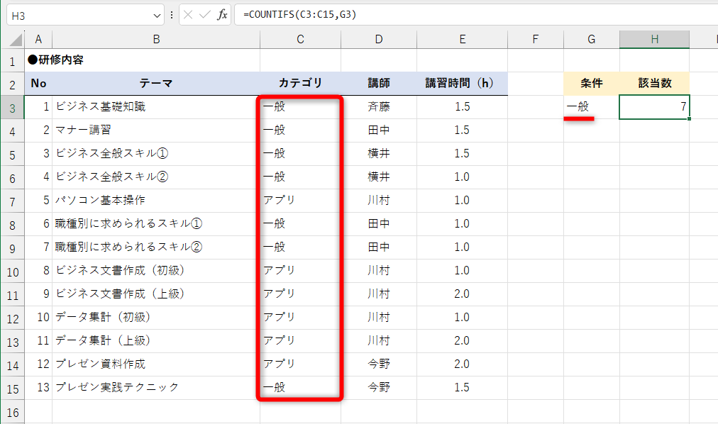 カテゴリが「一般」の行を数えた例。対象範囲と条件を指定すると結果が表示される