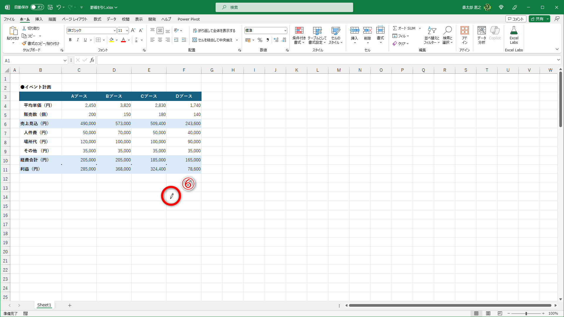 ［罫線の作成］が有効になり、マウスポインターの形が“鉛筆”に変わります（⑥）