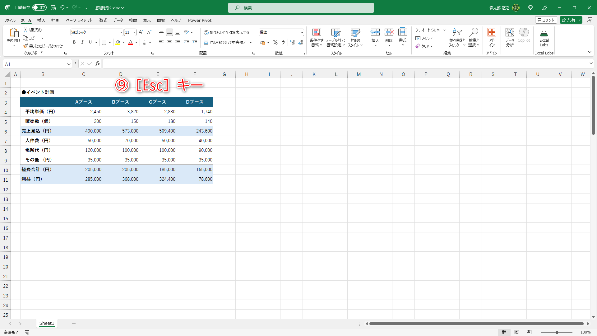 必要な箇所に罫線を引いた状態です。［Esc］キーを押して（⑨）［罫線の作成］をキャンセルします