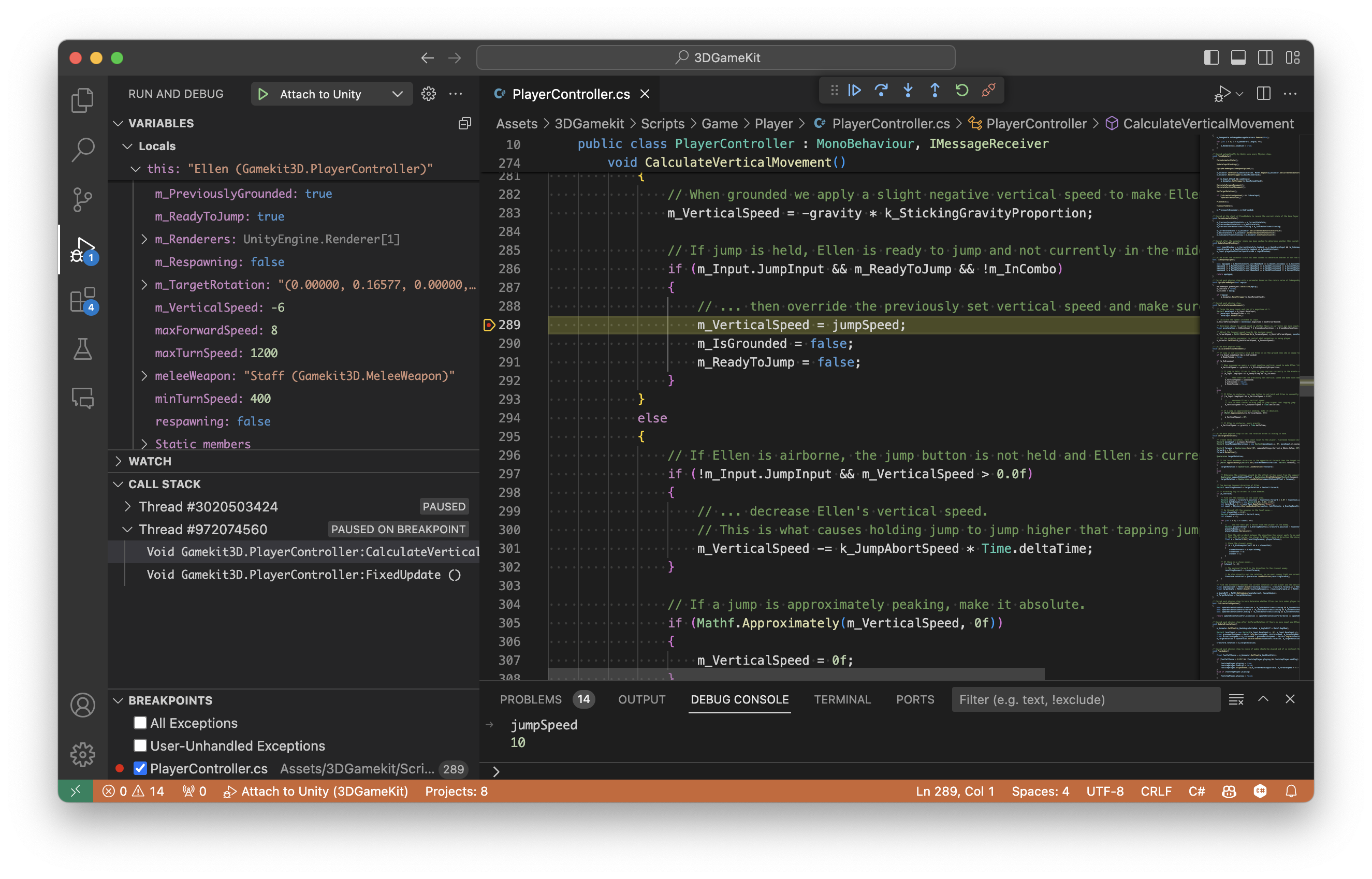 Mac環境の「Visual Studio Code」で「Unity」コンテンツを開発。コードにブレークポイントを設定して、「Unity」でゲームを実行