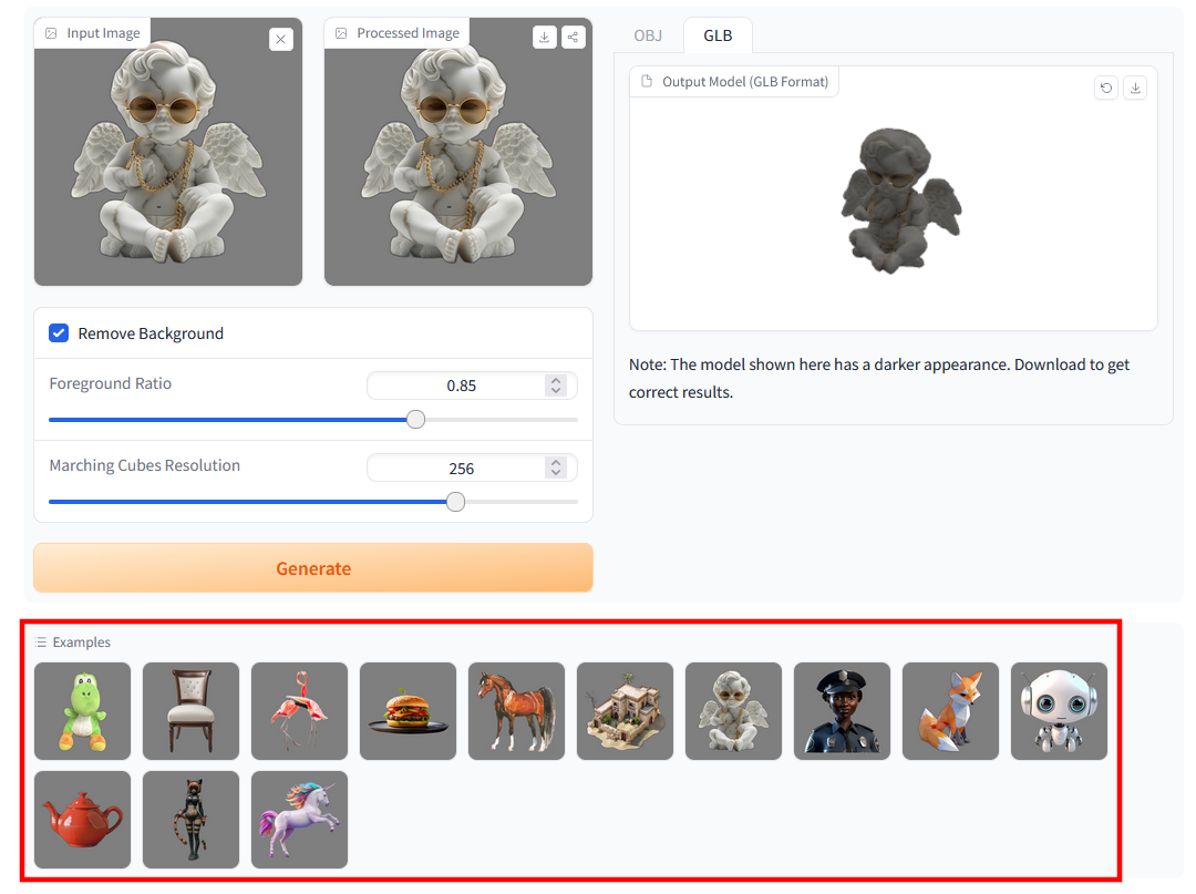 下の「Examples」のサムネイル画像をクリックすると、自動的にモデルが生成される
