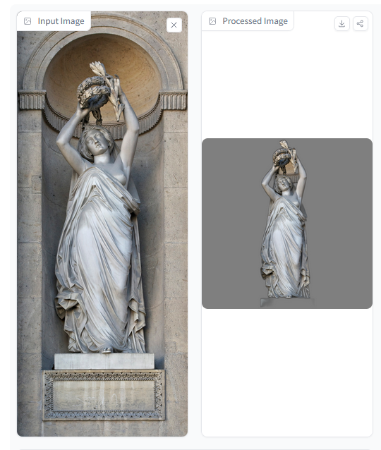 <a href="https://forest.watch.impress.co.jp/docs/serial/blenderwthing/1564664.html" class="n" target="_blank">以前の記事</a>の女性像を読み込ませてみた例。手と頭の間の空間以外はほぼ意図通りに切り抜いてくれている模様。なお3Dモデルは解像度の問題で割愛