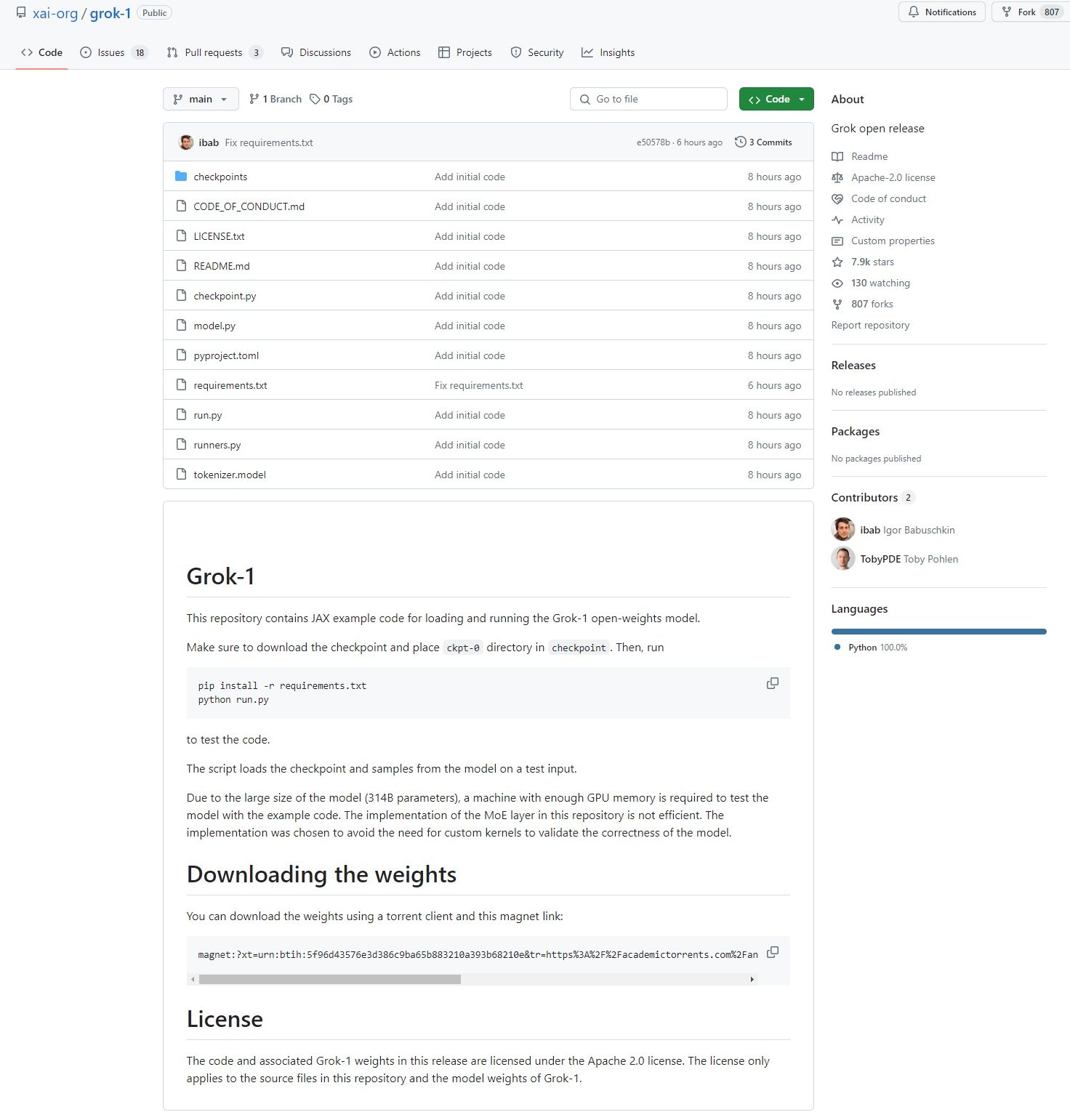 「Grok-1」はGitHubで公開されており、「Apache License 2.0」下で利用可能