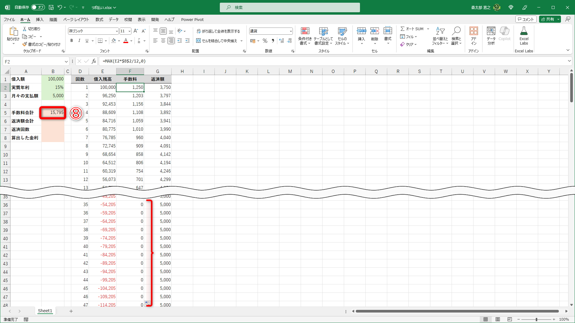 セルF2の数式をコピーし直すと、マイナスの値が「0」に置き換わります。手数料の合計も正しく計算されていることがわかります（⑧）