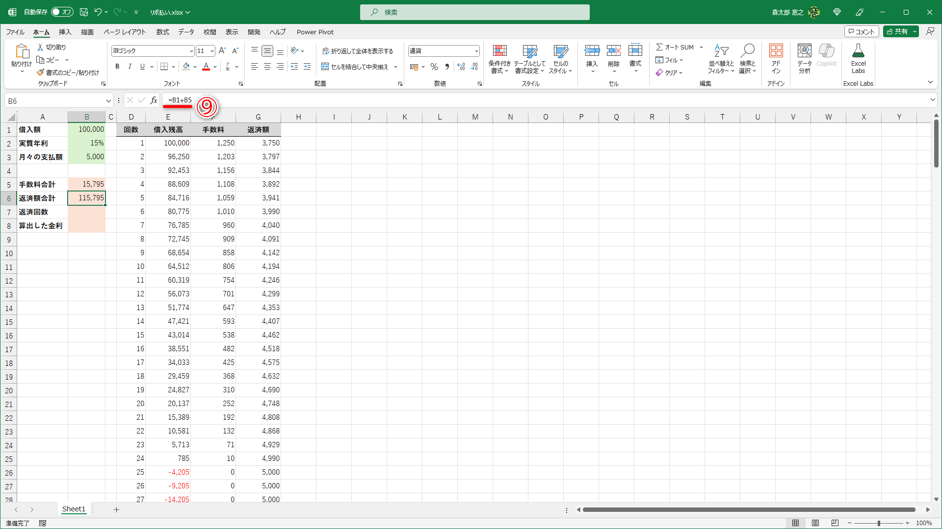 返済額の合計は「借入額＋手数料合計」です。「=B1+B5」（⑨）となります