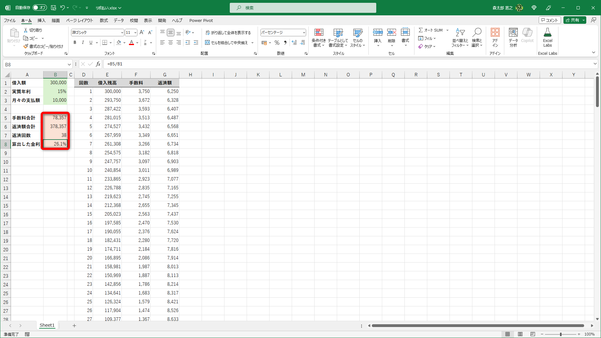 30万円借入、月1万円のリボ払いは、手数料78,357円、返済回数38回（3年2カ月）、利子は26.1％になります