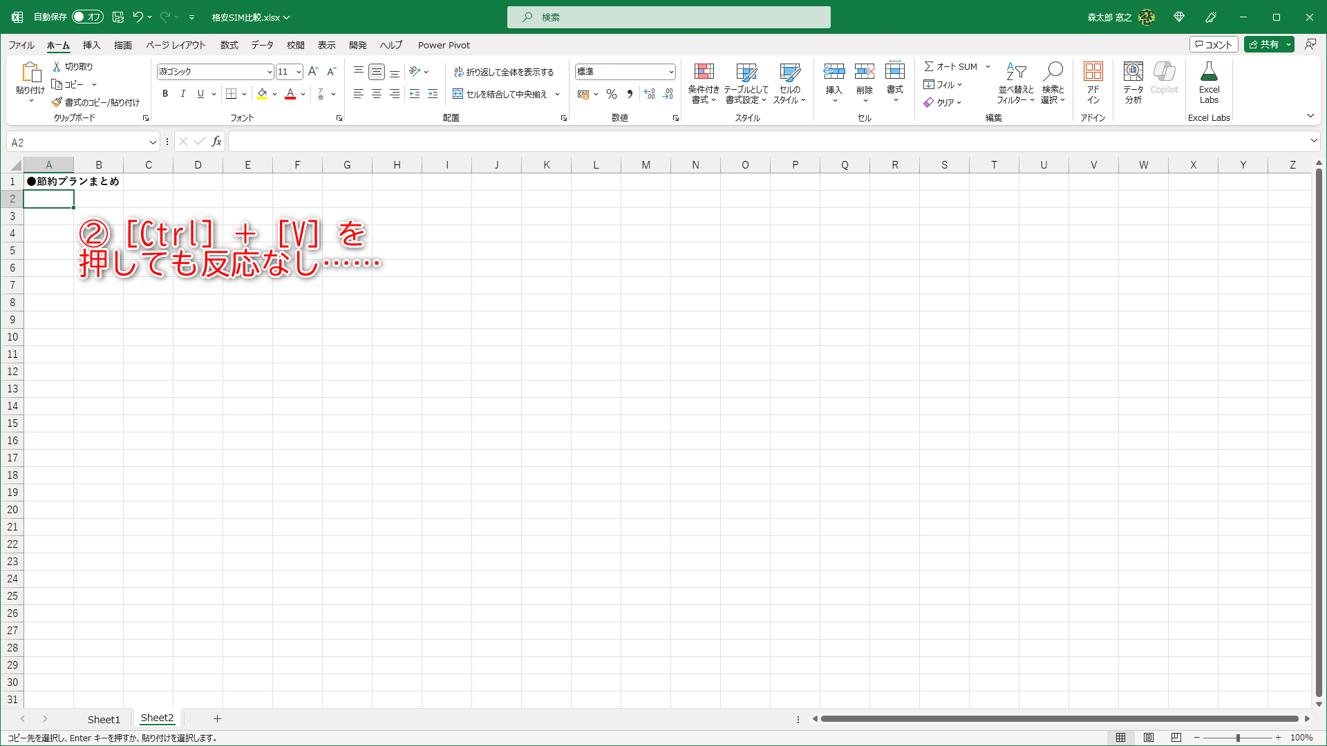 シートを切り替えて、貼り付けようとしたら反応がありません（②）