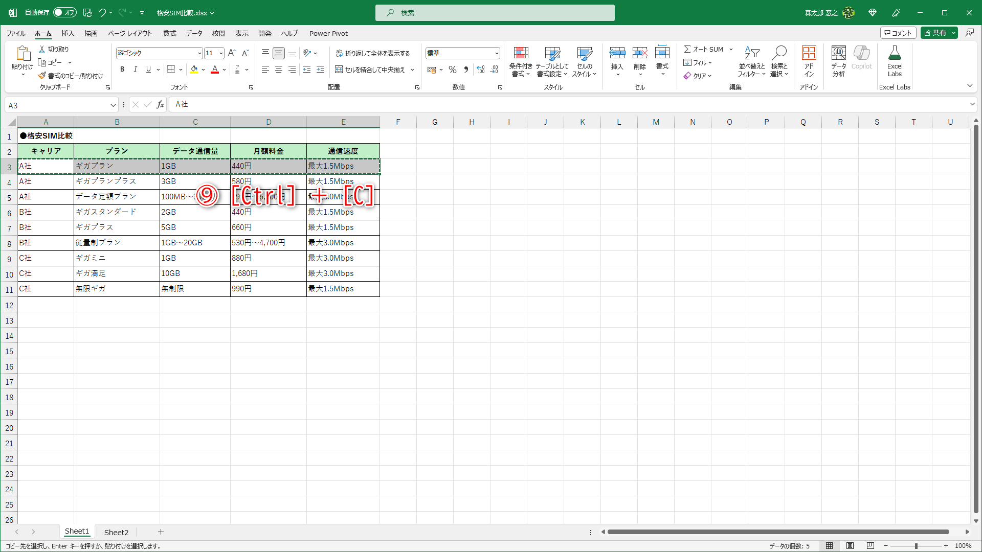 必要な行を選択してコピーします（⑨）
