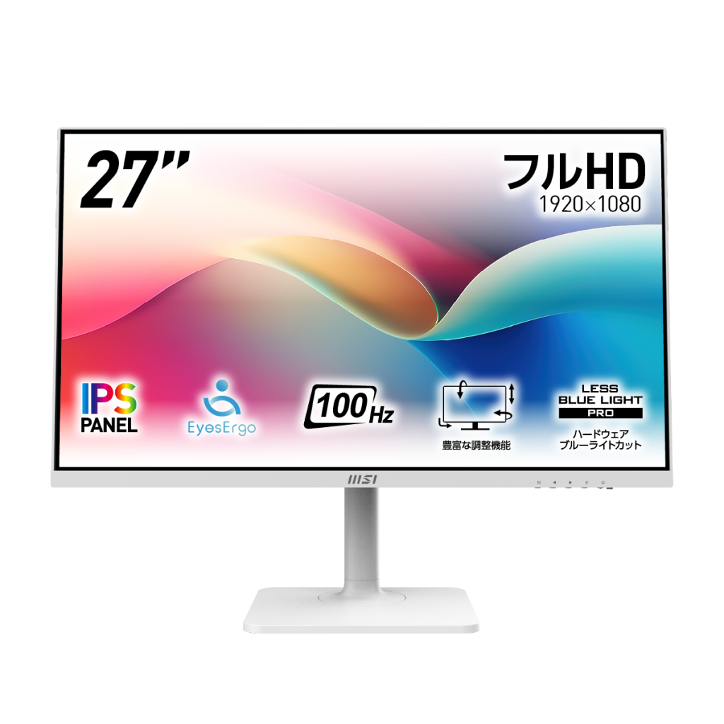 <a href="https://jp.msi.com/Business-Productivity-Monitor/Modern-MD2712PW" class="n" target="_blank">Modern MD2712PW</a>。27インチ、フルHD（1,920×1,080）、IPSパネル搭載。アンチフリッカー、ブルーライトカット、ノングレアパネルを搭載。入力ポート：HDMI×1、USB Type-C×1。リフレッシュレート100Hz対応、応答速度（MPRT）1ms