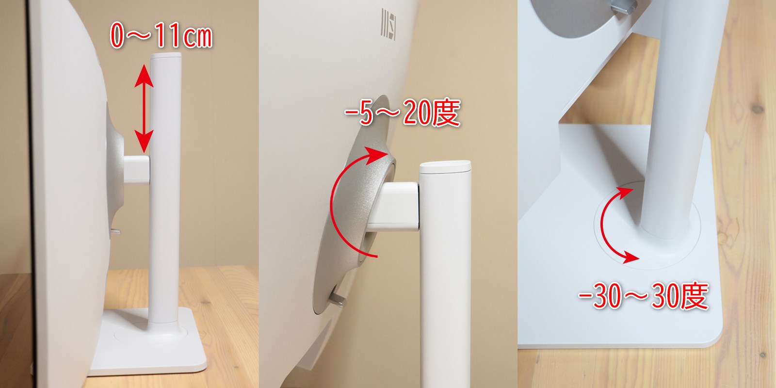 画面の高さは、0～11cm、傾き（チルト）は、-5～20度、左右の回転（スイベル）は、-30～30度に調整可能