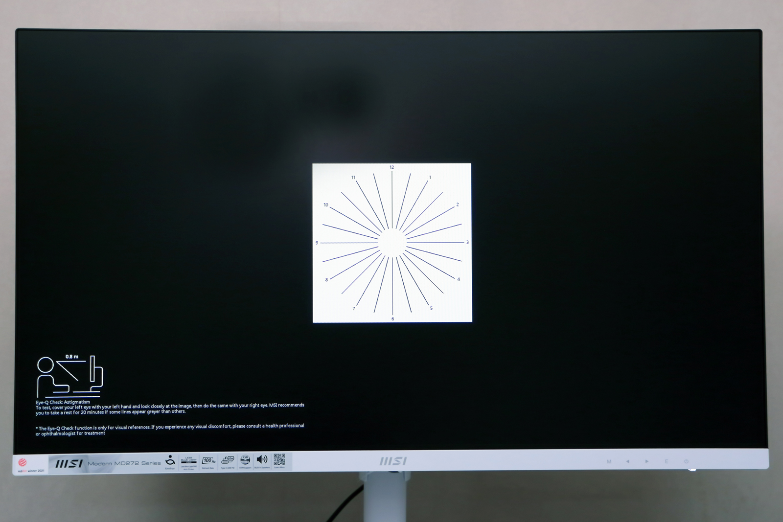 「乱視」の画面。放射状の線を片目で見て、一部の線がほかの線より灰色に見えた時は休憩の目安とのこと