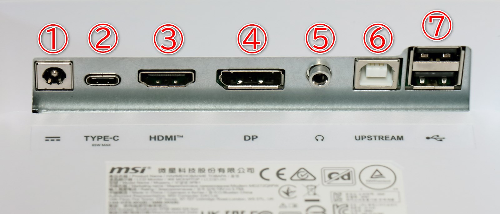 MD272QXPWのポート。①電源　②USB Type-C　③HDMI　④DisplayPort（DP）　⑤ヘッドフォンジャック　⑥USB 2.0 Type-Bアップストリーム（同梱のUSBアップストリームケーブルでPCと接続すると、⑦USB 2.0 Type-Aが利用できるようになる）　⑦USB 2.0 Type-A