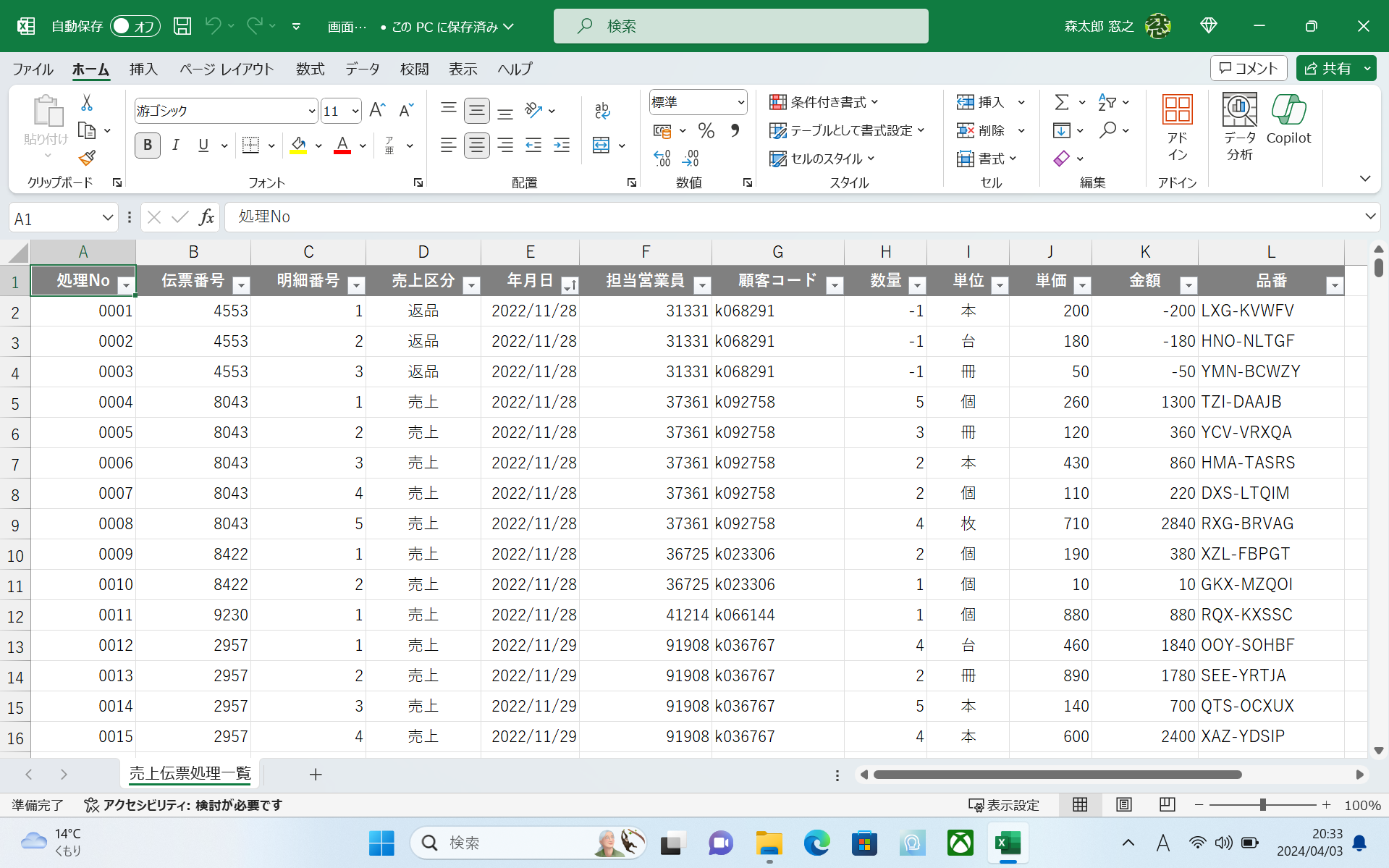 ノートPCでの表示範囲。大きな表を扱う場合は効率が悪い