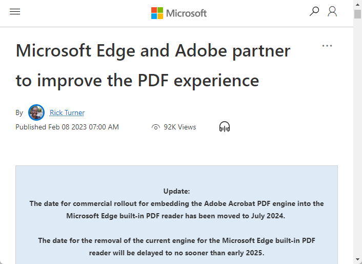 「Microsoft Edge」の現行組み込みPDFリーダー廃止が2025年初頭に延期