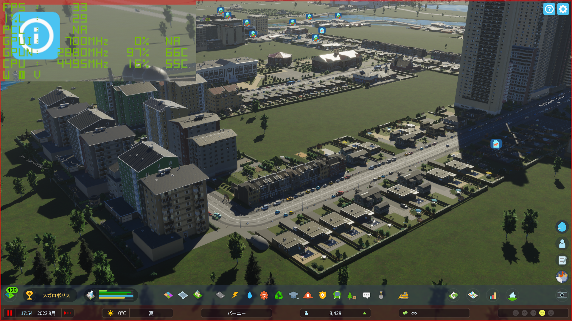 都市建設シミュレーション「Cities: Skylines II」を筆者の環境で動作させたところ。解像度は4Kで最高画質だと33fpsという表示（画像処理で拡大）