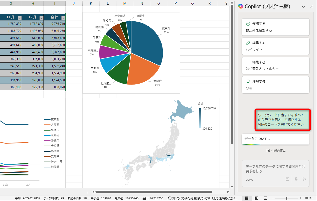 「ワークシートに含まれるすべてのグラフを図として保存するVBAのコードを書いてください」と指示した