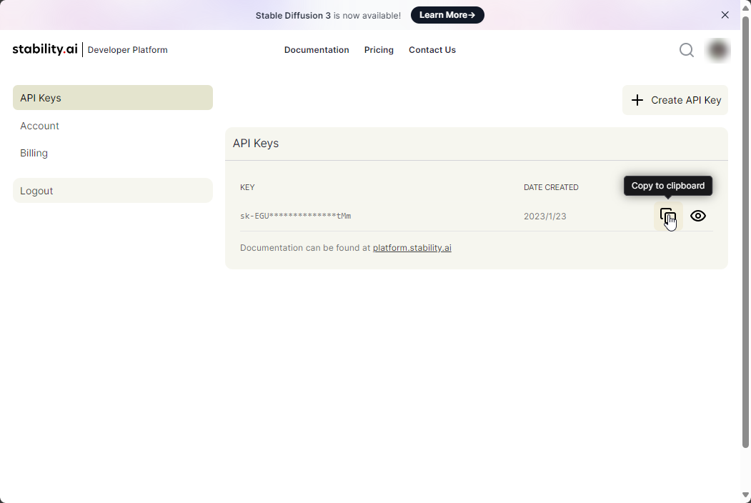 Stability AIのアカウントページからAPIキーをコピー