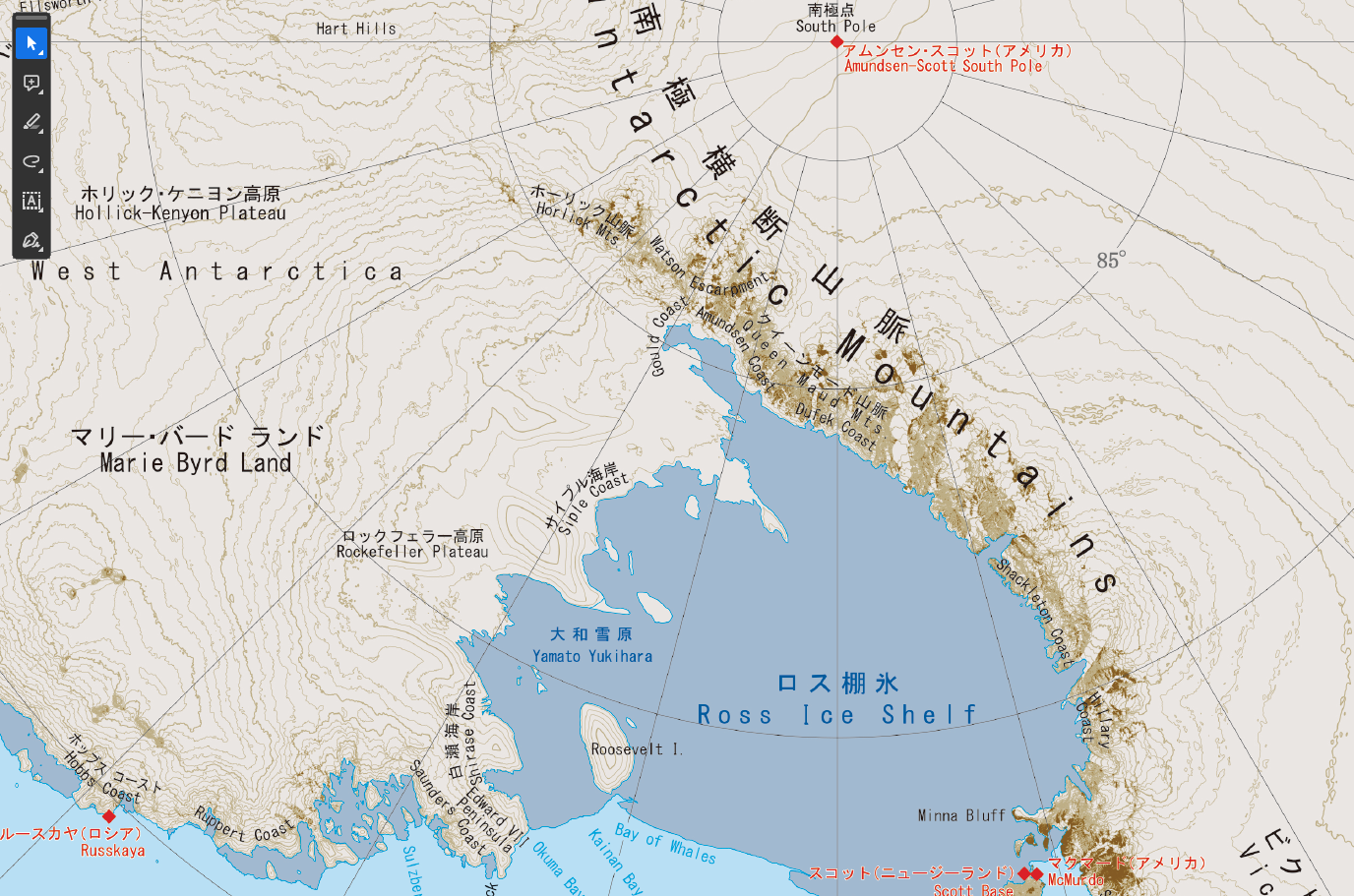 各国の観測基地や棚氷、山脈といった地形の名称も掲載