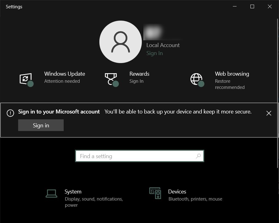 「Microsoft アカウント」でのサインインを促す通知