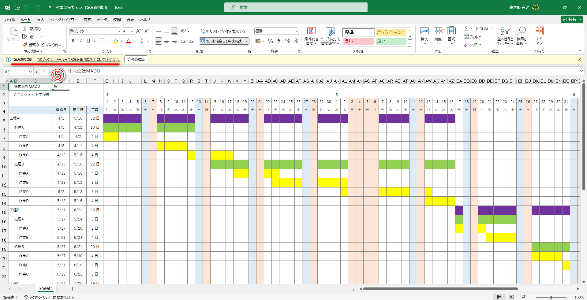 設定後のファイルを開くと、画面上部に「読み取り専用」のメッセージが表示されます（⑤）が、［ブックの編集］をクリックすると、編集できるようになります