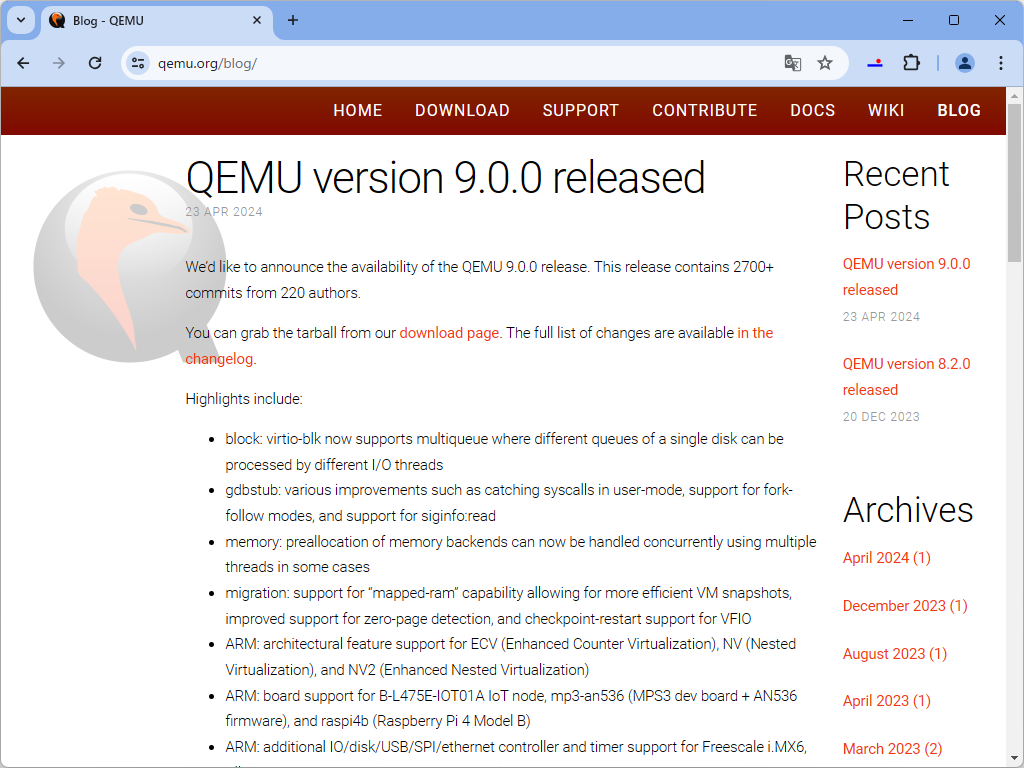 「QEMU 9.0」がリリース