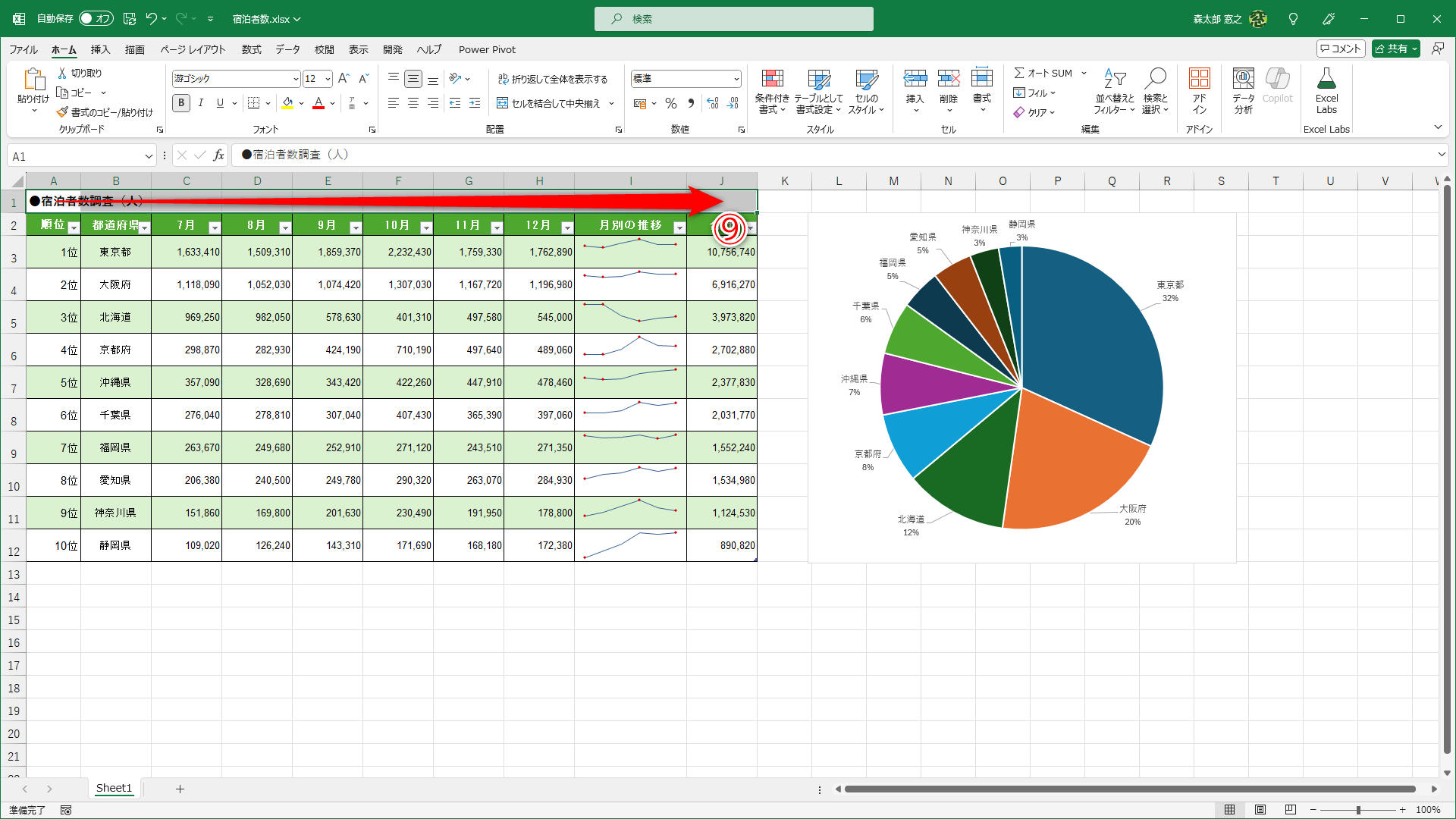 グリッド罫線を非表示にしたいセルを選択します（⑨）