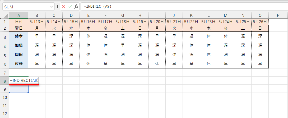 試しにセルA8に「=INDIRECT(A9)」と入力する。引数の「A9」に入力されたセル番地を参照することになるが……