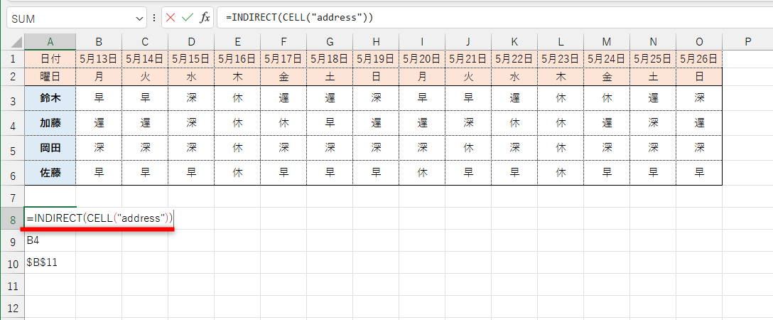 セルA8の数式を「=INDIRECT(CELL("address"))」と書き換える
