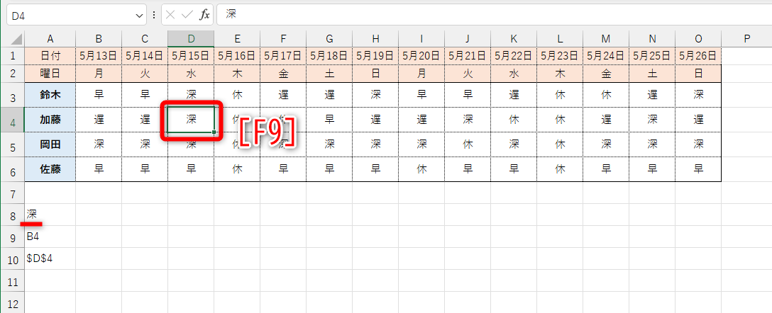 セルD4を選択して［F9］キーを押すと、結果が「深」に切り替わる