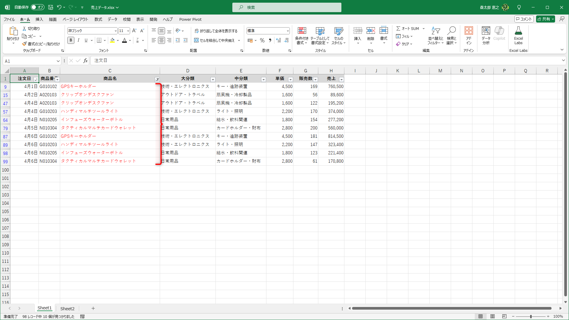 フォントの色が赤のデータが抽出されました
