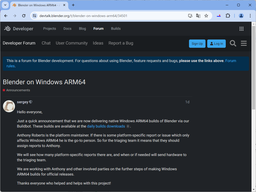 公式フォーラムにおけるリリース