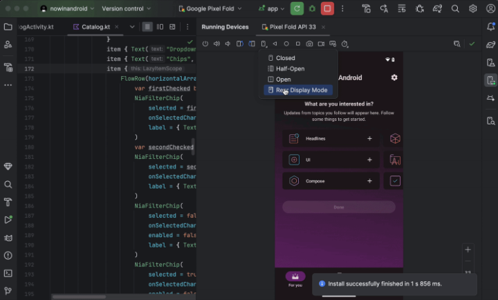 リモートの「Pixel Fold」実機でアプリをテスト。回転、開閉なども自由自在