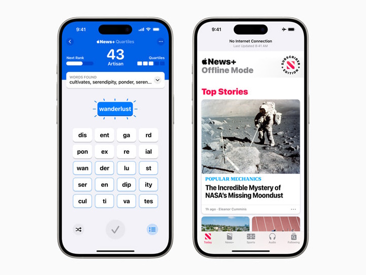 「Apple News+」に新しいオリジナルのデイリーワードゲーム「Quartiles」（スクリーンショットはiPhoneでのイメージ）