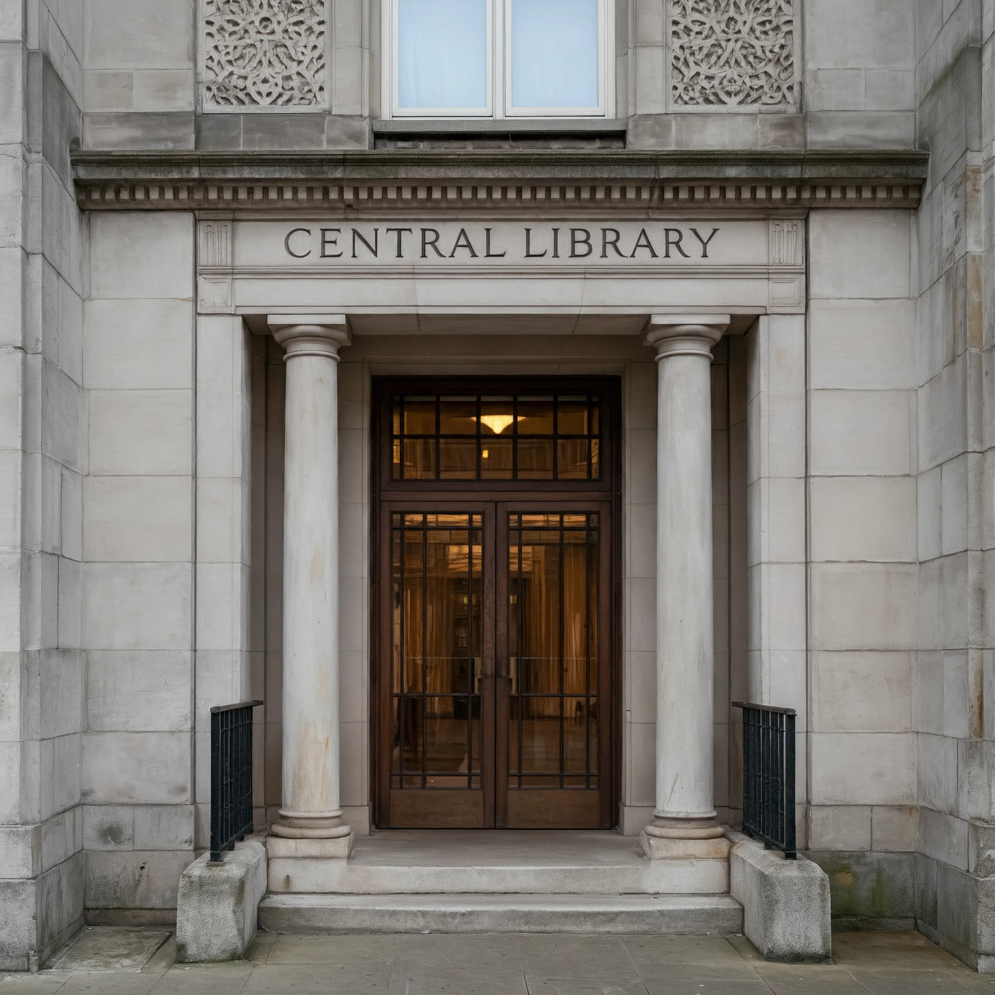 「Central Library」という文字を組み込むよう指示したものが反映されている。プロンプト文は「A photograph og a stately entrance with the words "Central Library" caved into the stone」