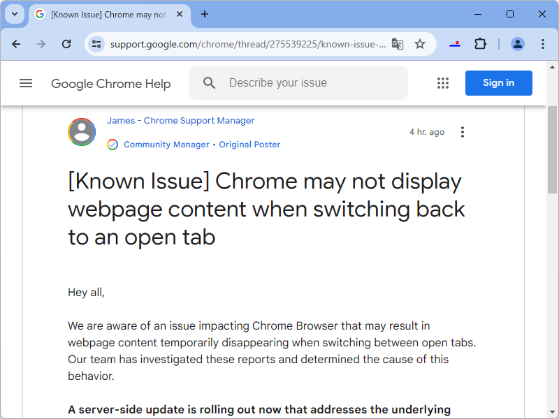 「Google Chrome」でWebページのコンテンツが一時的に表示されなくなる問題が発生中