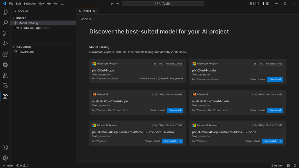 ローカルで実行できるように最適化された「Azure AI Studio」モデルのカタログ