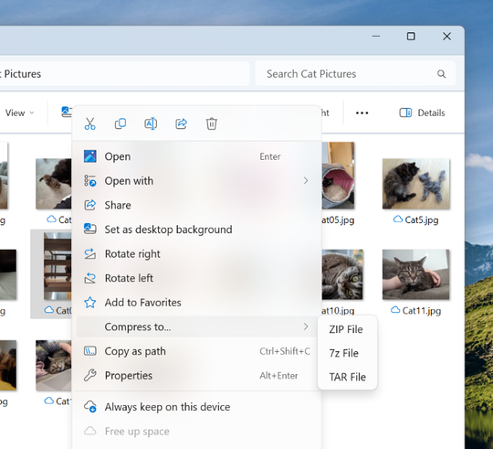 ファイル右クリックメニューからのTAR/7z圧縮